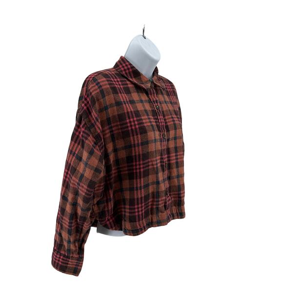 Madewell Plaid Flannel Crop Shirt WMNS S Ginger/Pink Long Sleeve Grunge Top Chic - Picture 4 of 11